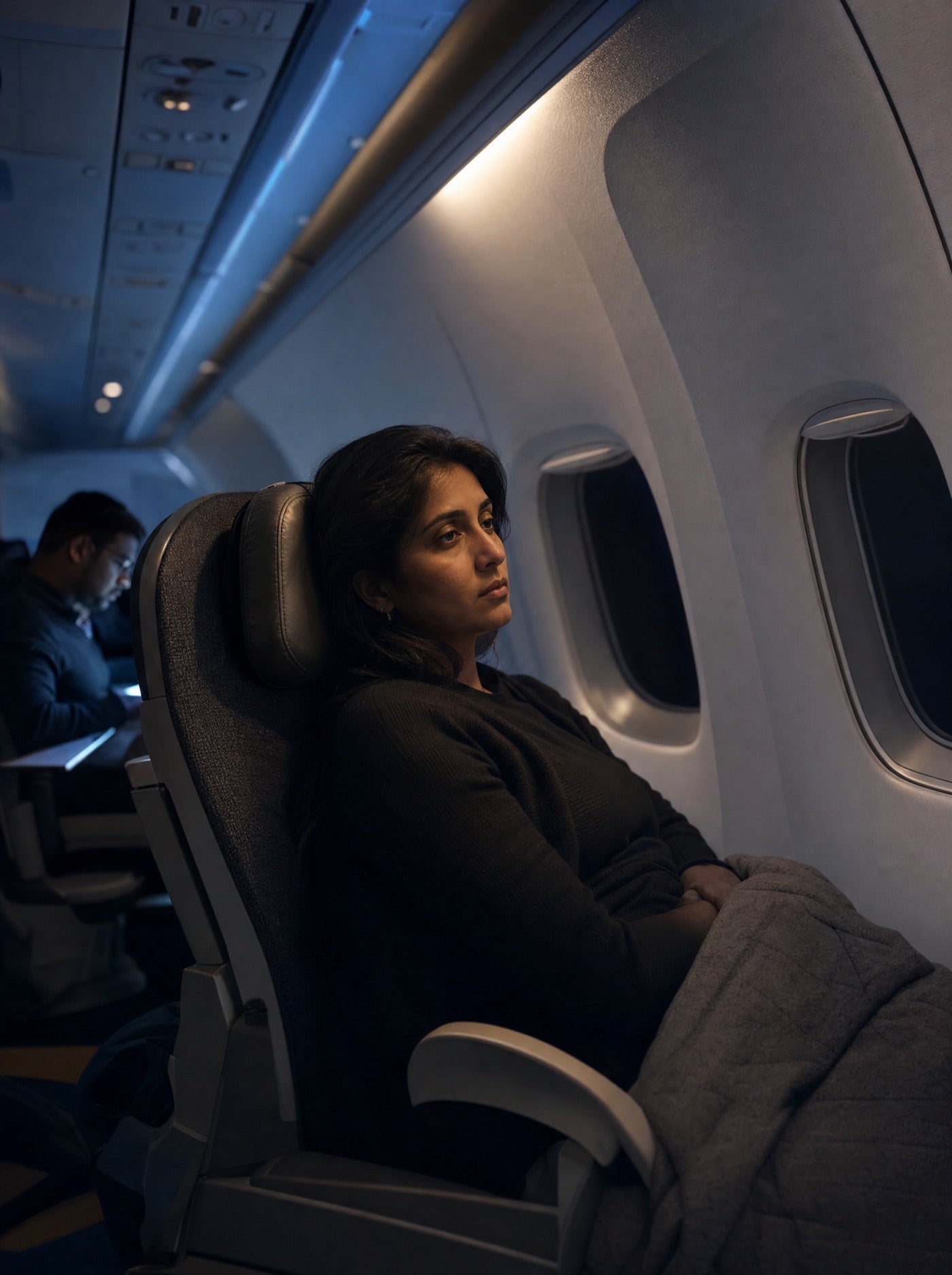 Tired traveller trying to rest in a lit airplane cabin
